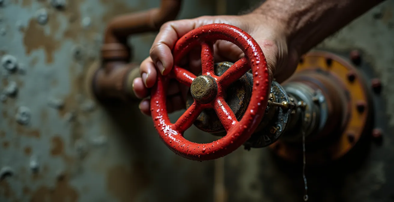 Main tournant fermement la valve d'arrêt principale d'eau dans un sous-sol