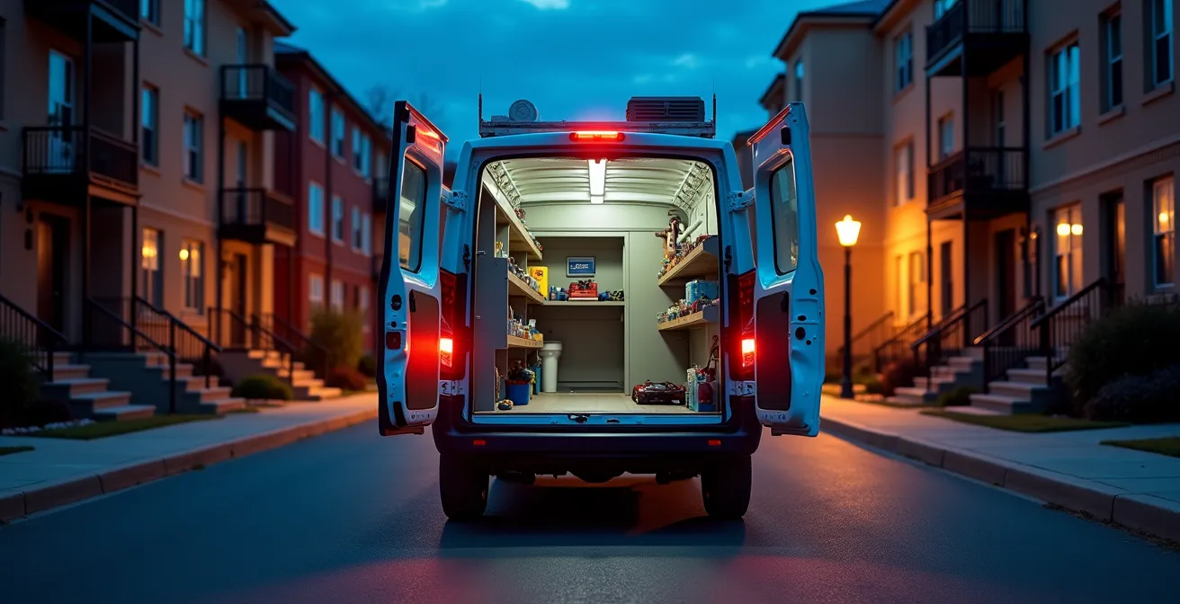 Camionnette de plomberie équipée stationnée de nuit dans une rue résidentielle montréalaise