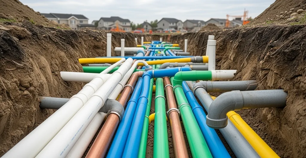 Tranchée ouverte révélant des canalisations de différents matériaux et couleurs