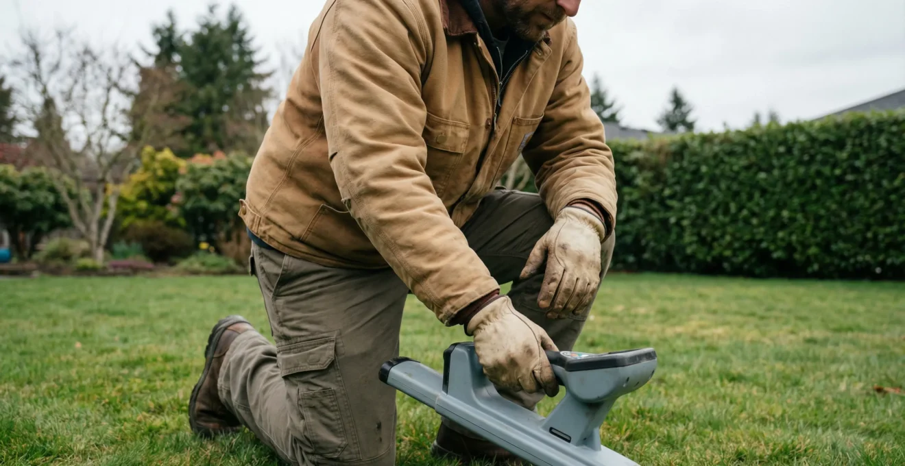 Technicien utilisant un équipement de détection de réseaux enterrés dans un jardin