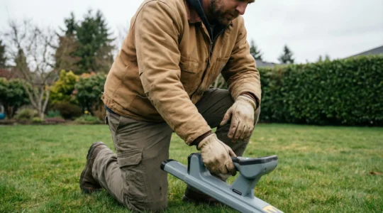 Technicien utilisant un équipement de détection de réseaux enterrés dans un jardin